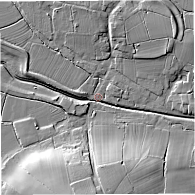 Shaded relief map of the ground around BS351QB, computed from Environment Agency LiDAR. The ground here sits at about 6 m above sea level and falls 24 m across the surrounding 800 m. Surface water reaching this point runs off ground lying to the south, 23.4 m higher.