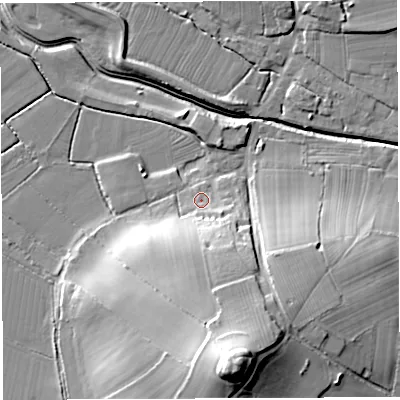 Shaded relief map of the ground around BS351QD, computed from Environment Agency LiDAR. The ground here sits at about 10 m above sea level and falls 38 m across the surrounding 800 m. Surface water reaching this point runs off ground lying to the south-south-east, 29.3 m higher.