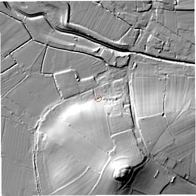 Shaded relief map of the ground around BS351QE, computed from Environment Agency LiDAR. The ground here sits at about 10 m above sea level and falls 38 m across the surrounding 800 m. Surface water reaching this point runs off ground lying to the south-south-east, 29.3 m higher.