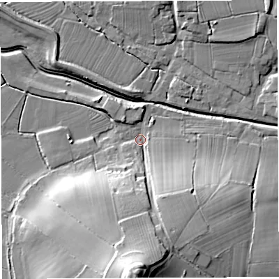 Shaded relief map of the ground around BS351QF, computed from Environment Agency LiDAR. The ground here sits at about 7 m above sea level and falls 38 m across the surrounding 800 m. Surface water reaching this point runs off ground lying to the south, 32.9 m higher.
