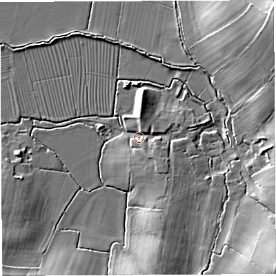 Shaded relief map of the ground around BS351QH, computed from Environment Agency LiDAR. The ground here sits at about 8 m above sea level and falls 23 m across the surrounding 800 m. Surface water reaching this point runs off ground lying to the east-south-east, 4.2 m higher.
