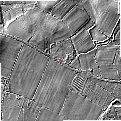 Shaded relief map of the ground around BS351RD, computed from Environment Agency LiDAR. The ground here sits at about 12 m above sea level and falls 13 m across the surrounding 800 m. Surface water reaching this point runs off ground lying to the south-south-east, 0.8 m higher.