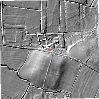 Shaded relief map of the ground around BS351RE, computed from Environment Agency LiDAR. The ground here sits at about 9 m above sea level and falls 9 m across the surrounding 800 m. Surface water reaching this point runs off ground lying to the south-east, 3.6 m higher.