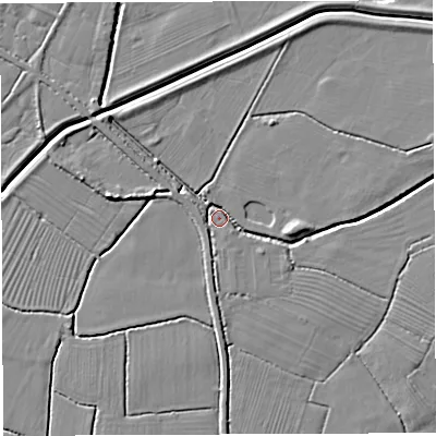 Shaded relief map of the ground around BS351RF, computed from Environment Agency LiDAR. The ground here sits at about 6 m above sea level and falls 5 m across the surrounding 800 m. Surface water reaching this point runs off ground lying to the west-north-west, 5.2 m higher.