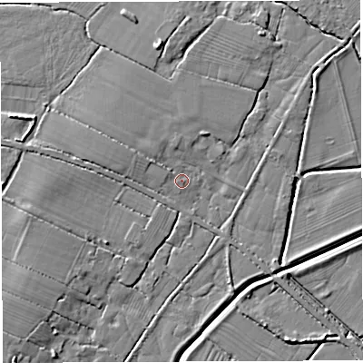 Shaded relief map of the ground around BS351RG, computed from Environment Agency LiDAR. The ground here sits at about 7 m above sea level and falls 7 m across the surrounding 800 m. Surface water reaching this point runs off ground lying to the west-north-west, 3.0 m higher.