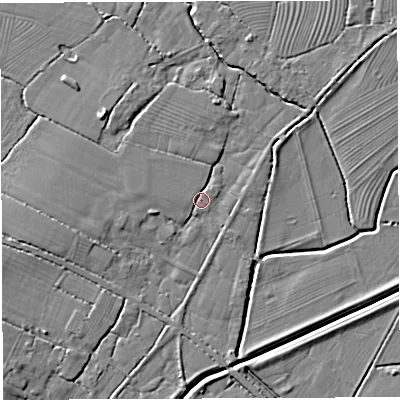 Shaded relief map of the ground around BS351RH, computed from Environment Agency LiDAR. The ground here sits at about 6 m above sea level and falls 6 m across the surrounding 800 m. Surface water reaching this point runs off ground lying to the west, 3.0 m higher.