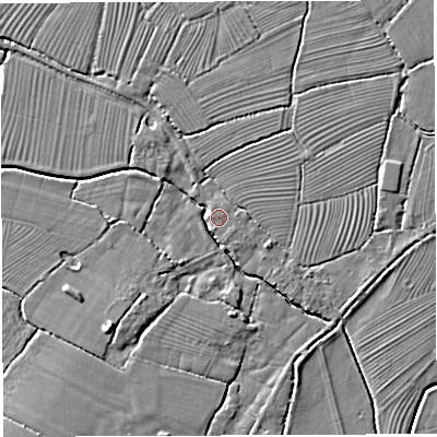 Shaded relief map of the ground around BS351RJ, computed from Environment Agency LiDAR. The ground here sits at about 6 m above sea level and falls 6 m across the surrounding 800 m. Surface water reaching this point runs off ground lying to the south-west, 3.7 m higher.