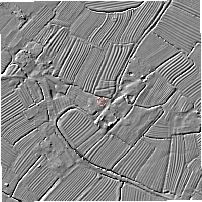 Shaded relief map of the ground around BS351RL, computed from Environment Agency LiDAR. The ground here sits at about 7 m above sea level and falls 4 m across the surrounding 800 m. Surface water reaching this point runs off ground lying to the north-west, 2.1 m higher.
