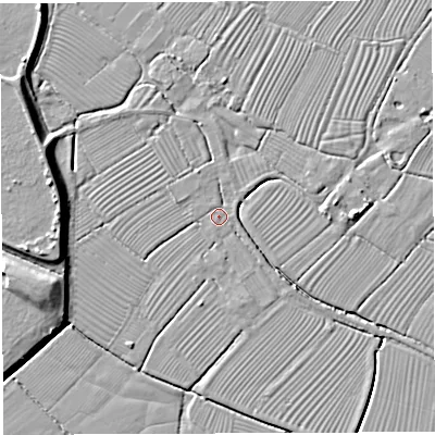 Shaded relief map of the ground around BS351RN, computed from Environment Agency LiDAR. The ground here sits at about 6 m above sea level and falls 10 m across the surrounding 800 m. Surface water reaching this point runs off ground lying to the west-north-west, 1.7 m higher.