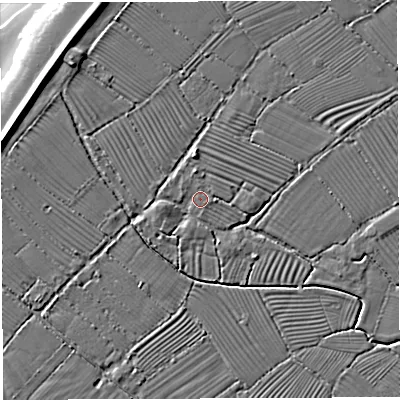 Shaded relief map of the ground around BS351RP, computed from Environment Agency LiDAR. The ground here sits at about 7 m above sea level and falls 11 m across the surrounding 800 m. Surface water reaching this point runs off ground lying to the west-south-west, 1.6 m higher.