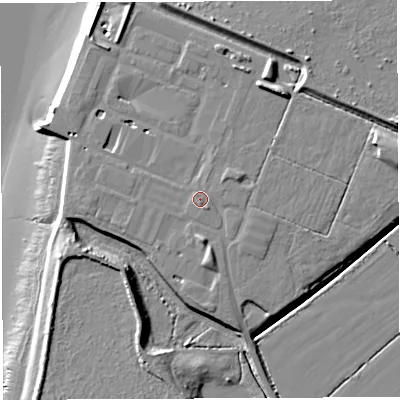 Shaded relief map of the ground around BS351RQ, computed from Environment Agency LiDAR. The ground here sits at about 11 m above sea level and falls 13 m across the surrounding 800 m. Surface water reaching this point runs off ground lying to the south, 0.5 m higher.