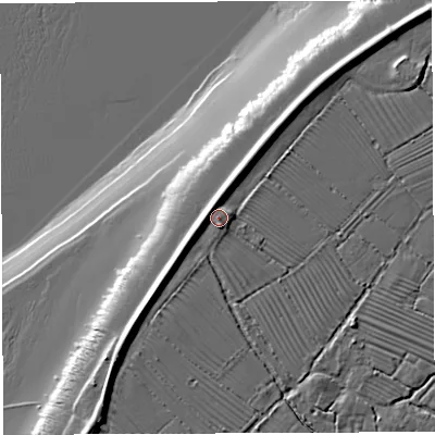 Shaded relief map of the ground around BS351RR, computed from Environment Agency LiDAR. The ground here sits at about 9 m above sea level and falls 14 m across the surrounding 800 m. Surface water reaching this point runs off ground lying to the west-north-west, 2.8 m higher.