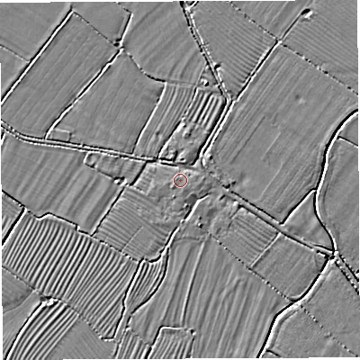 Shaded relief map of the ground around BS351RS, computed from Environment Agency LiDAR. The ground here sits at about 7 m above sea level and falls 3 m across the surrounding 800 m. Surface water reaching this point runs off ground lying to the east-south-east, 0.9 m higher.