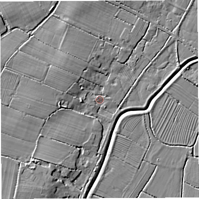 Shaded relief map of the ground around BS351RU, computed from Environment Agency LiDAR. The ground here sits at about 7 m above sea level and falls 8 m across the surrounding 800 m. Surface water reaching this point runs off ground lying to the north-west, 4.1 m higher.