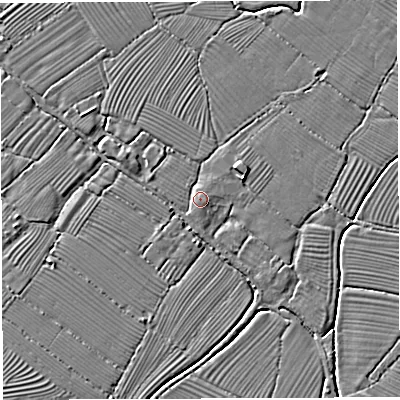 Shaded relief map of the ground around BS351RW, computed from Environment Agency LiDAR. The ground here sits at about 7 m above sea level and falls 4 m across the surrounding 800 m. Surface water reaching this point runs off ground lying to the north-east, 2.3 m higher.