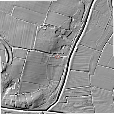 Shaded relief map of the ground around BS351RX, computed from Environment Agency LiDAR. The ground here sits at about 7 m above sea level and falls 11 m across the surrounding 800 m. Surface water reaching this point runs off ground lying to the west, 6.7 m higher.