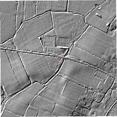 Shaded relief map of the ground around BS351RY, computed from Environment Agency LiDAR. The ground here sits at about 8 m above sea level and falls 5 m across the surrounding 800 m. Surface water reaching this point runs off ground lying to the north-west, 1.1 m higher.