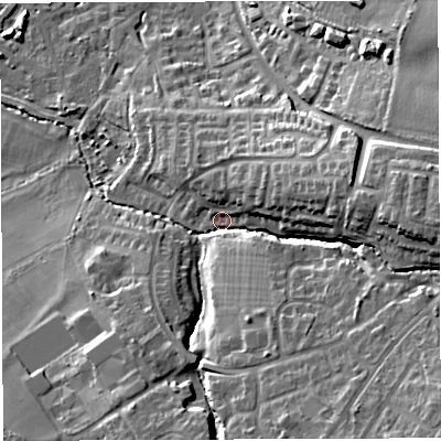 Shaded relief map of the ground around BS351SL, computed from Environment Agency LiDAR. The ground here sits at about 24 m above sea level and falls 25 m across the surrounding 800 m. Surface water reaching this point runs off ground lying to the south-east, 17.3 m higher.