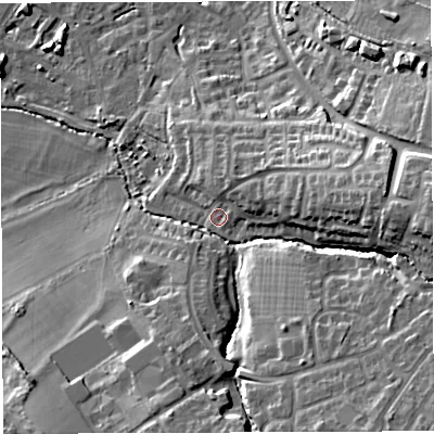 Shaded relief map of the ground around BS351SN, computed from Environment Agency LiDAR. The ground here sits at about 24 m above sea level and falls 24 m across the surrounding 800 m. Surface water reaching this point runs off ground lying to the south-east, 15.5 m higher.