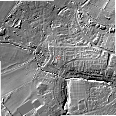 Shaded relief map of the ground around BS351SP, computed from Environment Agency LiDAR. The ground here sits at about 25 m above sea level and falls 22 m across the surrounding 800 m. Surface water reaching this point runs off ground lying to the east-south-east, 2.2 m higher.