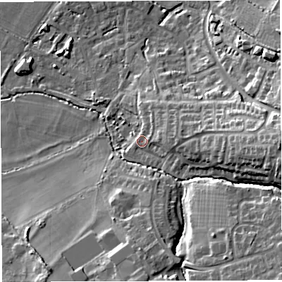 Shaded relief map of the ground around BS351SW, computed from Environment Agency LiDAR. The ground here sits at about 22 m above sea level and falls 22 m across the surrounding 800 m. Surface water reaching this point runs off ground lying to the south-east, 14.8 m higher.