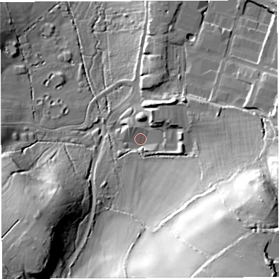 Shaded relief map of the ground around BS353JB, computed from Environment Agency LiDAR. The ground here sits at about 54 m above sea level and falls 52 m across the surrounding 800 m. Surface water reaching this point runs off ground lying to the south-east, 44.0 m higher.