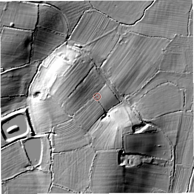 Shaded relief map of the ground around BS353TF, computed from Environment Agency LiDAR. The ground here sits at about 62 m above sea level and falls 19 m across the surrounding 800 m. Surface water reaching this point runs off ground lying to the south-west, 8.6 m higher.