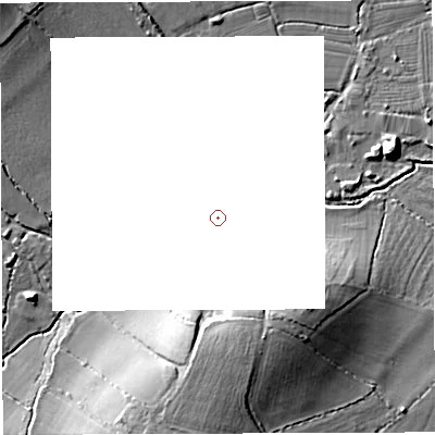 Shaded relief map of the ground around BS353TG, computed from Environment Agency LiDAR. and falls 15 m across the surrounding 800 m.