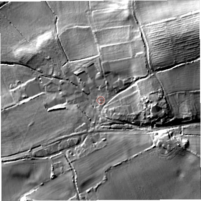 Shaded relief map of the ground around BS354AG, computed from Environment Agency LiDAR. The ground here sits at about 23 m above sea level and falls 38 m across the surrounding 800 m. Surface water reaching this point runs off ground lying to the east-north-east, 22.4 m higher.