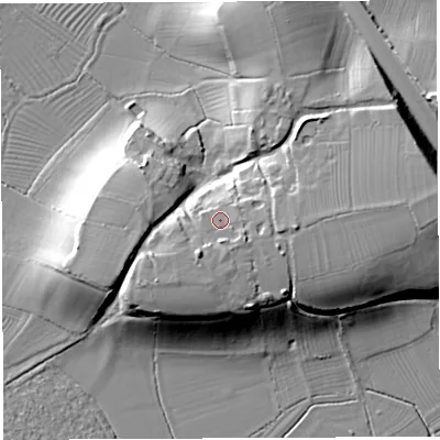 Shaded relief map of the ground around BS354AP, computed from Environment Agency LiDAR. The ground here sits at about 24 m above sea level and falls 22 m across the surrounding 800 m. Surface water reaching this point runs off ground lying to the south-east, 3.1 m higher.