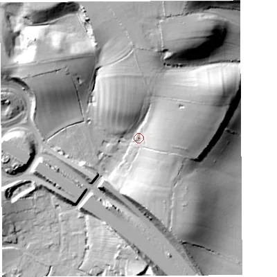 Shaded relief map of the ground around BS354AT, computed from Environment Agency LiDAR. The ground here sits at about 20 m above sea level and falls 37 m across the surrounding 800 m. Surface water reaching this point runs off ground lying to the north, 20.8 m higher.