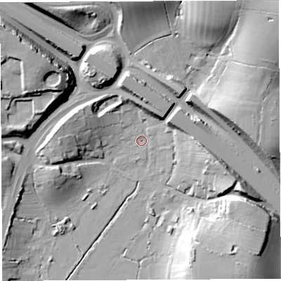 Shaded relief map of the ground around BS354AU, computed from Environment Agency LiDAR. The ground here sits at about 8 m above sea level and falls 30 m across the surrounding 800 m. Surface water reaching this point runs off ground lying to the north-east, 28.4 m higher.