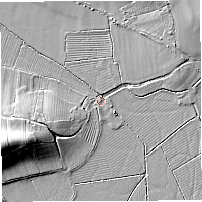 Shaded relief map of the ground around BS354AW, computed from Environment Agency LiDAR. The ground here sits at about 7 m above sea level and falls 20 m across the surrounding 800 m. Surface water reaching this point runs off ground lying to the north-north-east, 5.9 m higher.