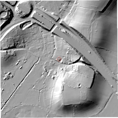 Shaded relief map of the ground around BS354AX, computed from Environment Agency LiDAR. The ground here sits at about 10 m above sea level and falls 27 m across the surrounding 800 m. Surface water reaching this point runs off ground lying to the south-east, 16.6 m higher.