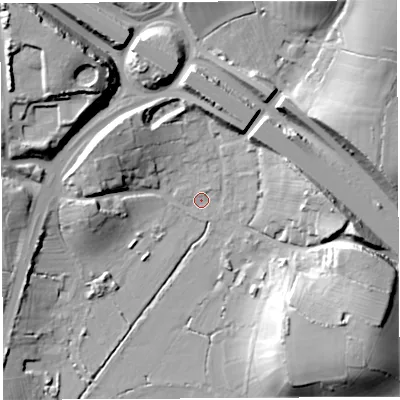 Shaded relief map of the ground around BS354AY, computed from Environment Agency LiDAR. The ground here sits at about 8 m above sea level and falls 29 m across the surrounding 800 m. Surface water reaching this point runs off ground lying to the north-east, 27.4 m higher.