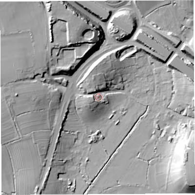 Shaded relief map of the ground around BS354AZ, computed from Environment Agency LiDAR. The ground here sits at about 14 m above sea level and falls 27 m across the surrounding 800 m. Surface water reaching this point runs off ground lying to the north-north-west, 7.2 m higher.