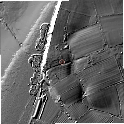 Shaded relief map of the ground around BS354BG, computed from Environment Agency LiDAR. The ground here sits at about 21 m above sea level and falls 35 m across the surrounding 800 m. Surface water reaching this point runs off ground lying to the west-north-west, 4.6 m higher.