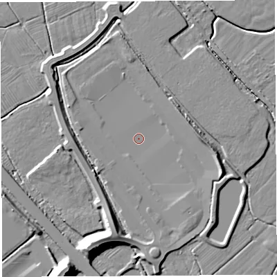 Shaded relief map of the ground around BS354BR, computed from Environment Agency LiDAR. The ground here sits at about 6 m above sea level and falls 11 m across the surrounding 800 m. Surface water reaching this point runs off ground lying to the south-south-west, 9.9 m higher.