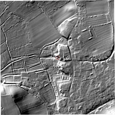 Shaded relief map of the ground around BS354BZ, computed from Environment Agency LiDAR. The ground here sits at about 14 m above sea level and falls 28 m across the surrounding 800 m. Surface water reaching this point runs off ground lying to the east-south-east, 8.4 m higher.