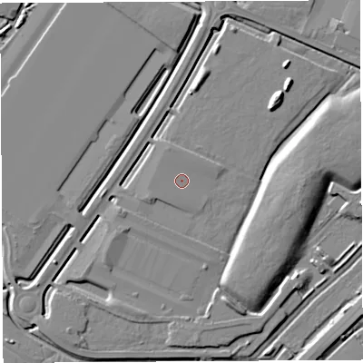 Shaded relief map of the ground around BS354DF, computed from Environment Agency LiDAR. The ground here sits at about 8 m above sea level and falls 8 m across the surrounding 800 m. Surface water reaching this point runs off ground lying to the north-north-west, 0.7 m higher.