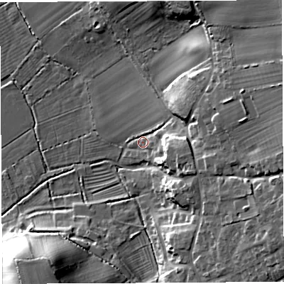 Shaded relief map of the ground around BS354DG, computed from Environment Agency LiDAR. The ground here sits at about 10 m above sea level and falls 24 m across the surrounding 800 m. Surface water reaching this point runs off ground lying to the east-north-east, 20.7 m higher.