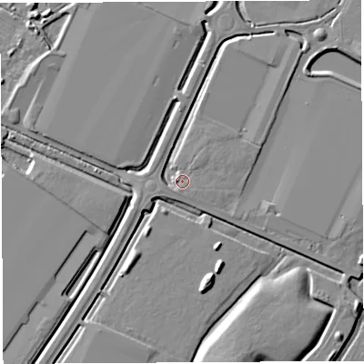 Shaded relief map of the ground around BS354DJ, computed from Environment Agency LiDAR. The ground here sits at about 7 m above sea level and falls 8 m across the surrounding 800 m. Surface water reaching this point runs off ground lying to the north-east, 2.8 m higher.
