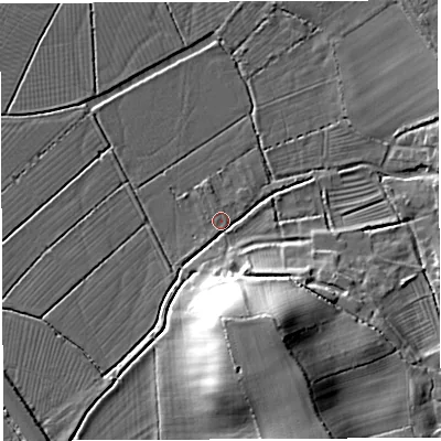 Shaded relief map of the ground around BS354DQ, computed from Environment Agency LiDAR. The ground here sits at about 7 m above sea level and falls 23 m across the surrounding 800 m. Surface water reaching this point runs off ground lying to the south-south-east, 22.5 m higher.