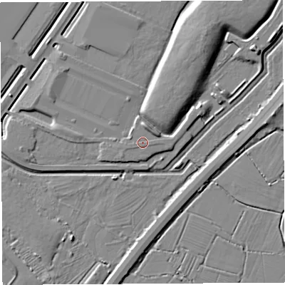 Shaded relief map of the ground around BS354EL, computed from Environment Agency LiDAR. The ground here sits at about 8 m above sea level and falls 9 m across the surrounding 800 m. Surface water reaching this point runs off ground lying to the west-north-west, 0.8 m higher.