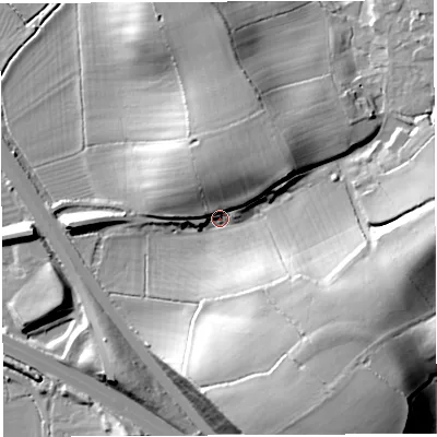 Shaded relief map of the ground around BS354EN, computed from Environment Agency LiDAR. The ground here sits at about 15 m above sea level and falls 31 m across the surrounding 800 m. Surface water reaching this point runs off ground lying to the south-east, 22.5 m higher.