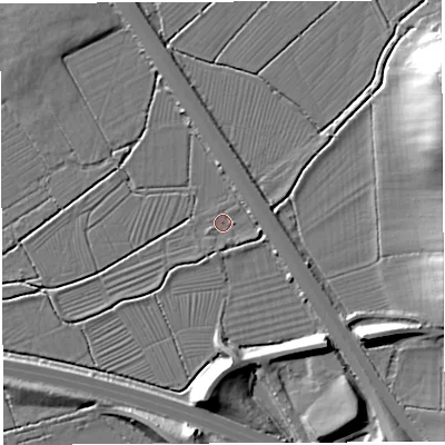Shaded relief map of the ground around BS354EP, computed from Environment Agency LiDAR. The ground here sits at about 7 m above sea level and falls 21 m across the surrounding 800 m. Surface water reaching this point runs off ground lying to the east, 2.8 m higher.