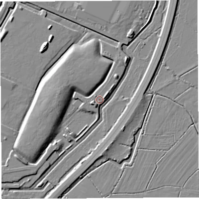 Shaded relief map of the ground around BS354ER, computed from Environment Agency LiDAR. The ground here sits at about 8 m above sea level and falls 8 m across the surrounding 800 m. Surface water reaching this point runs off ground lying to the east-north-east, 4.4 m higher.