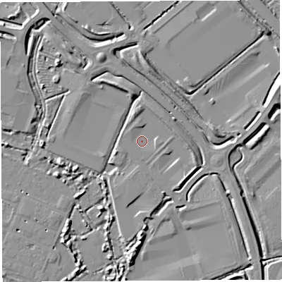 Shaded relief map of the ground around BS354GG, computed from Environment Agency LiDAR. The ground here sits at about 7 m above sea level and falls 9 m across the surrounding 800 m. Surface water reaching this point runs off ground lying to the east-south-east, 1.3 m higher.