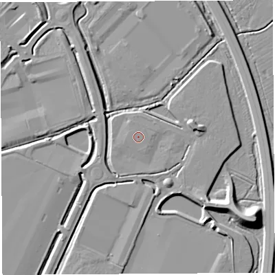 Shaded relief map of the ground around BS354GH, computed from Environment Agency LiDAR. The ground here sits at about 8 m above sea level and falls 11 m across the surrounding 800 m. The ground contributing surface water to this point lies to the west-north-west.