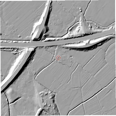 Shaded relief map of the ground around BS354HA, computed from Environment Agency LiDAR. The ground here sits at about 7 m above sea level and falls 14 m across the surrounding 800 m. Surface water reaching this point runs off ground lying to the west-north-west, 12.3 m higher.
